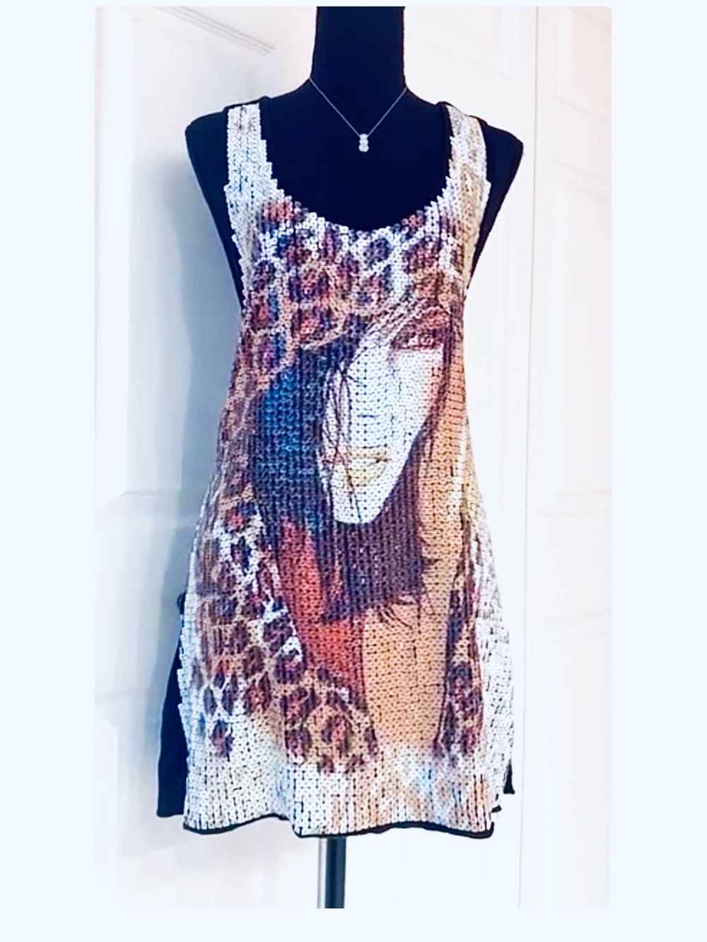 FANTAZIA ~ Sequin Leopard Graphic Tank Top Dress w/Metallic Appearance Details
